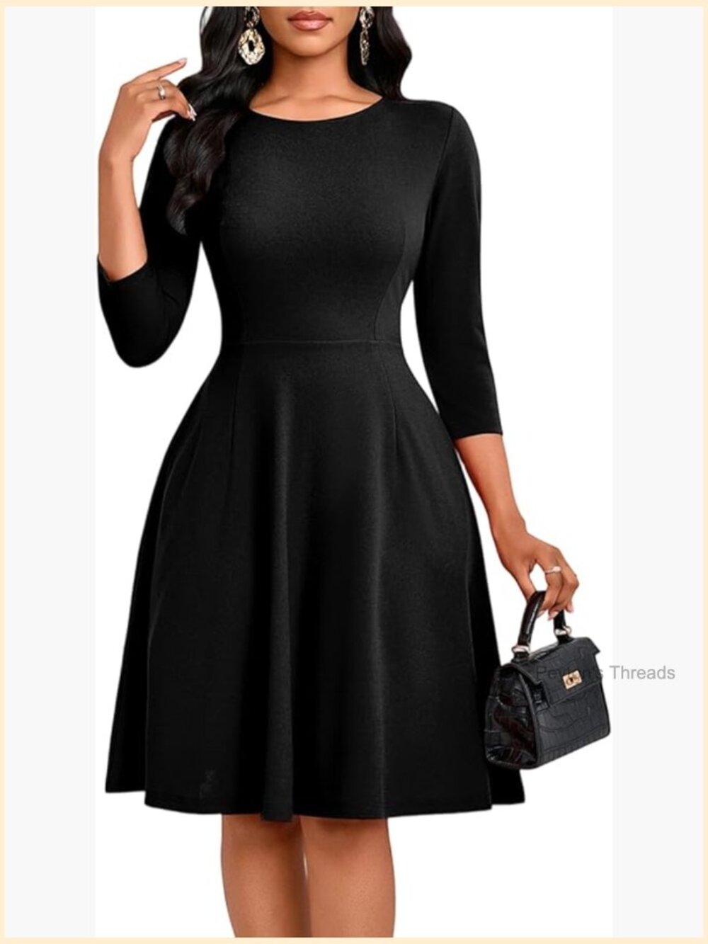 Casual Long Sleeve Midi Dress A Line Empire Waist Flowy Swing Dress with Pockets